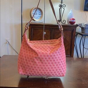 Dooney & Bourke Pink & Red Denim Hobo Bag w/ Tan Leather strap